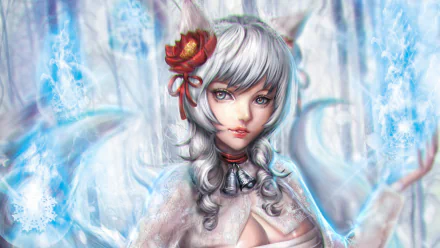 Ahri from League of Legends in a stunning HD wallpaper, featuring her enchanting presence against a mystical backdrop with icy accents and floral details.