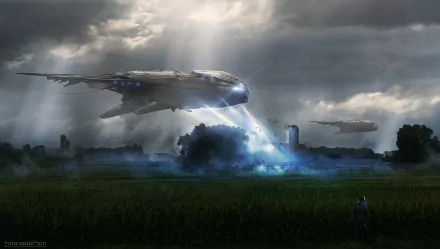 HD desktop wallpaper depicting a sci-fi scene with a spaceship landing in a lush field under stormy skies, illuminated by beams of light.