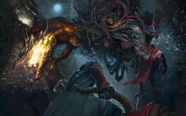 A dark, atmospheric HD artwork from the video game Bloodborne, featuring a fearsome beast, a weapons-wielding character, and an ominous setting that captures the game's haunting essence.