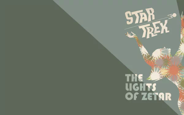 5K Ultra HD PC desktop wallpaper: Star Trek: The Original Series poster-style art on a muted green background, 'Star Trek' logo and 'The Lights of Zetar' title with an abstract floral figure.