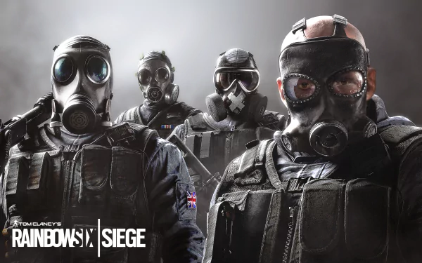 HD desktop wallpaper for Tom Clancy's Rainbow Six: Siege featuring four soldiers in tactical gear and gas masks standing against a smoky background.
