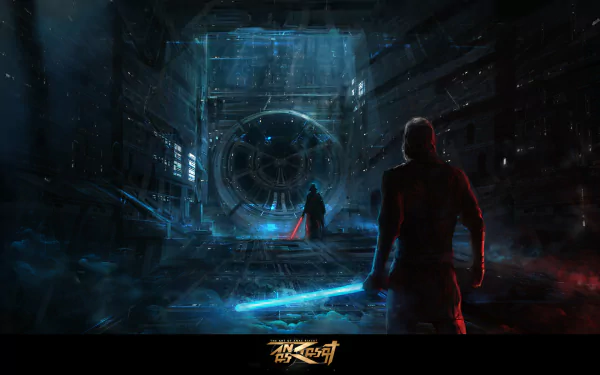 HD Sci-Fi Star Wars desktop wallpaper depicting two figures with glowing lightsabers confronting each other in a dark, futuristic hangar setting.