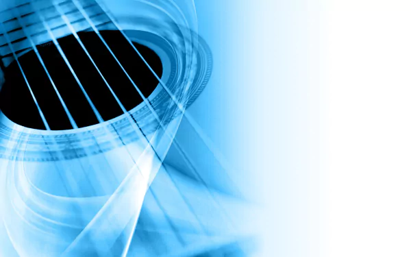 HD PC desktop wallpaper featuring a close-up of a guitar's strings and soundhole in a blue-toned abstract design, blending music elements with modern aesthetics.