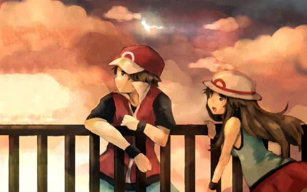 An HD wallpaper featuring Red and Leaf from Pokémon, set against a dramatic sky, captures a moment of anticipation in Pokémon: FireRed and LeafGreen.