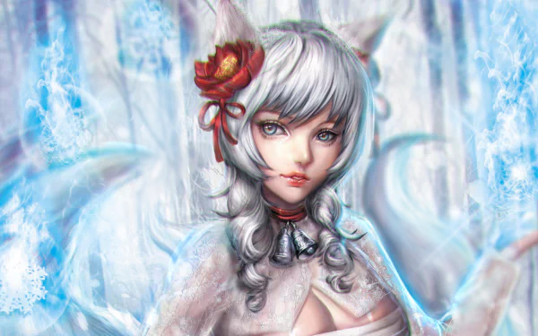 Ahri from League of Legends in a stunning HD wallpaper, featuring her enchanting presence against a mystical backdrop with icy accents and floral details.