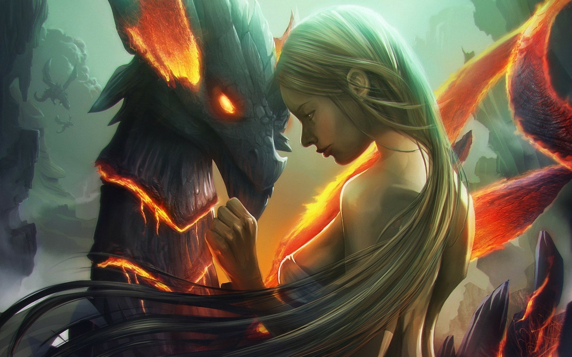 Fantasy-themed HD PC desktop wallpaper featuring a mystical woman gently touching a fiery, lava-like dragon in an enchanted forest setting.