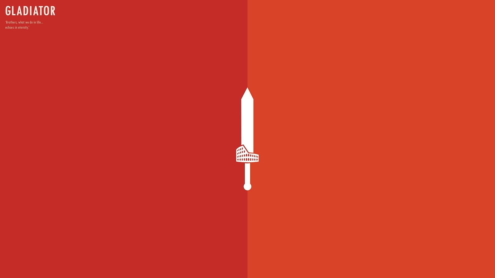 HD desktop wallpaper featuring a minimalist design related to the movie Gladiator, with a white sword against a dual-toned red and orange background.