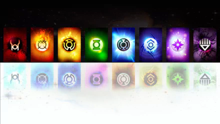 Comic-style HD PC desktop wallpaper/background showing a row of glowing Lantern Corps symbols in colored panels with mirrored reflections on a white surface.