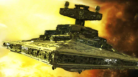 A detailed Star Destroyer from the Star Wars universe set against a vibrant yellow and orange backdrop. This striking image serves as a captivating HD desktop wallpaper for sci-fi enthusiasts.