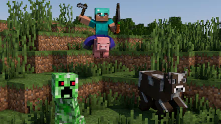 HD desktop wallpaper featuring a Minecraft character in diamond armor holding tools, riding a pig, with a creeper and cow in the foreground, set in a grassy, blocky terrain.