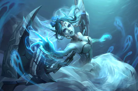 Morgana from League of Legends emerges in a haunting underwater scene, surrounded by ghostly figures, showcasing her ethereal beauty in this HD PC desktop wallpaper.