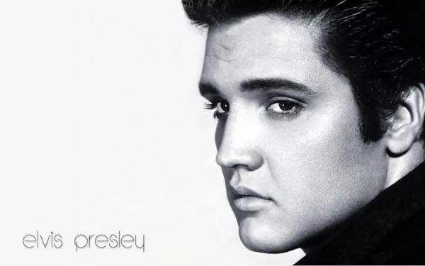 Black and white HD desktop wallpaper of rock & roll legend Elvis Presley with his name in lowercase text on a white background.