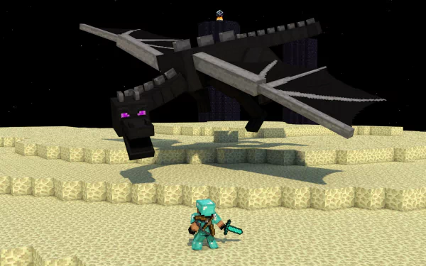 HD Minecraft wallpaper featuring an Ender Dragon flying over a player in diamond armor, set in the dimly lit End dimension.