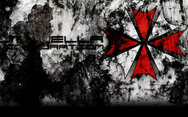 A gritty HD wallpaper featuring a distressed background and the iconic red and white emblem from Resident Evil, capturing the game's dark atmosphere and theme.