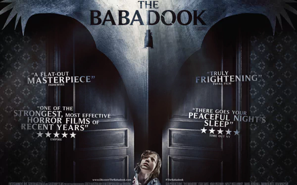 4K Ultra HD PC desktop wallpaper of the horror movie The Babadook, featuring a dark, eerie hallway with a shadowy figure and a frightened child looking up.