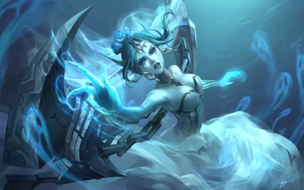 Morgana from League of Legends emerges in a haunting underwater scene, surrounded by ghostly figures, showcasing her ethereal beauty in this HD PC desktop wallpaper.