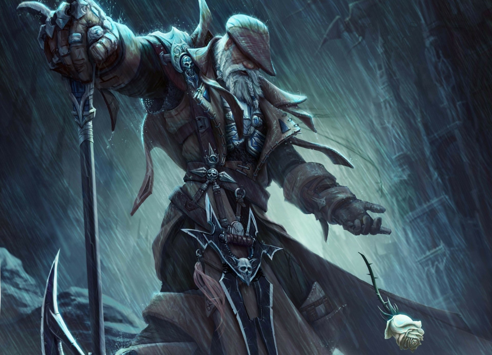 4K Ultra HD PC desktop wallpaper and background: a hooded fantasy warrior in heavy armor, gripping a massive sword above skull-adorned gear amid a stormy, icy battleground.