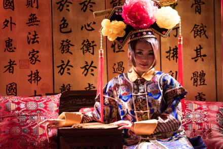 A smiling Taiwanese woman dressed in traditional Chinese costume, holding a scroll, sits amid calligraphy and vibrant textiles in this 4K Ultra HD PC desktop wallpaper.