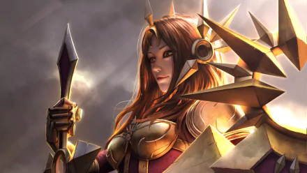 HD PC desktop wallpaper featuring Leona from League of Legends in detailed armor, holding a shield and spear, set against a dramatic background.