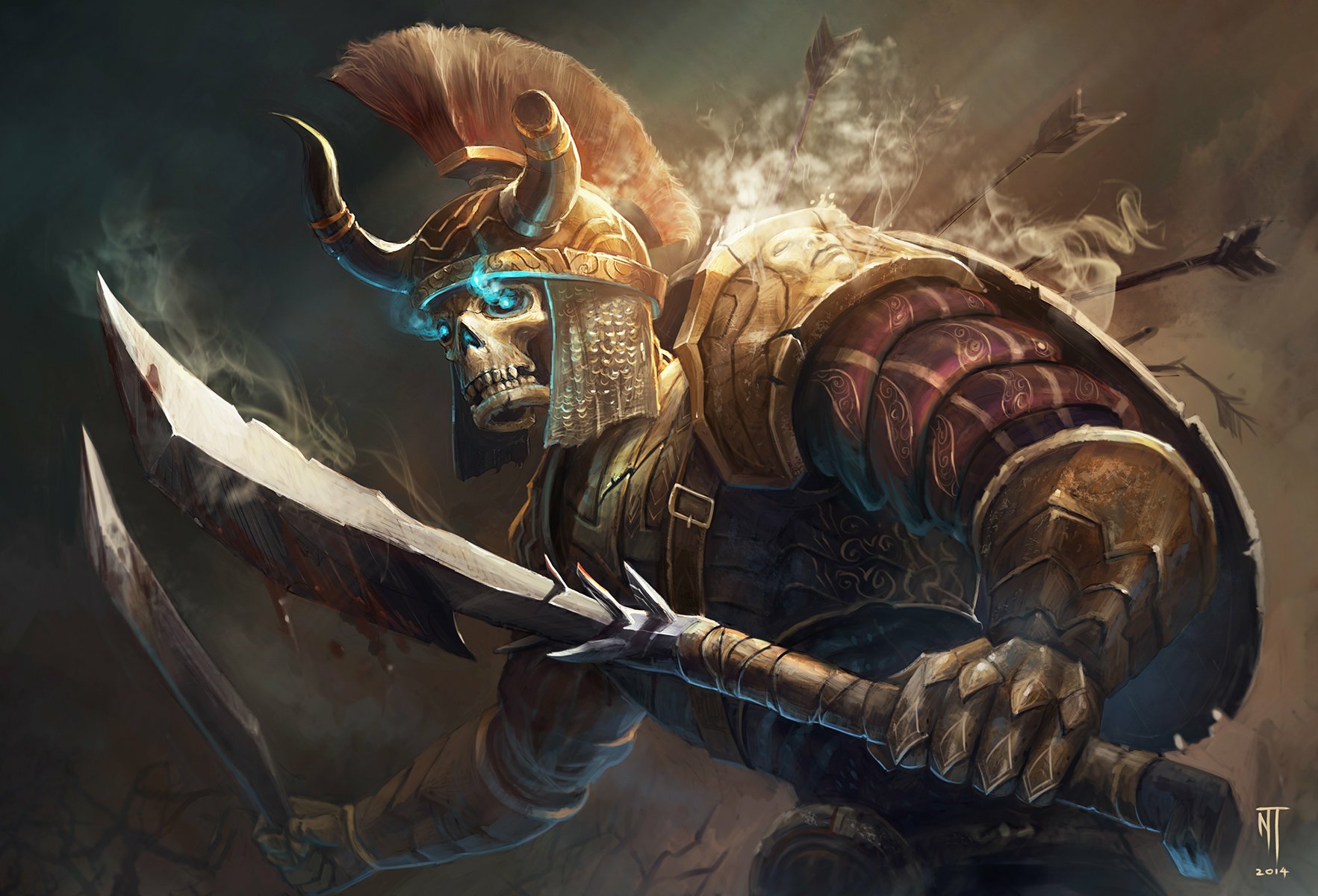 HD PC desktop wallpaper featuring a dark, armored warrior with glowing blue eyes wielding a large, bloodstained sword, set against a smoky, battle-worn backdrop.