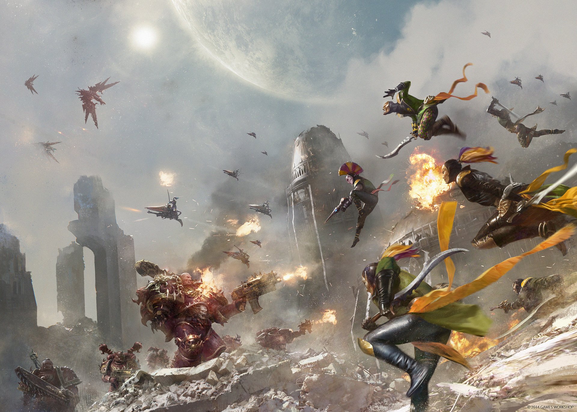 HD PC desktop wallpaper featuring an intense Warhammer video game battle scene with armored warriors and dynamic aerial combat under a cloudy sky.