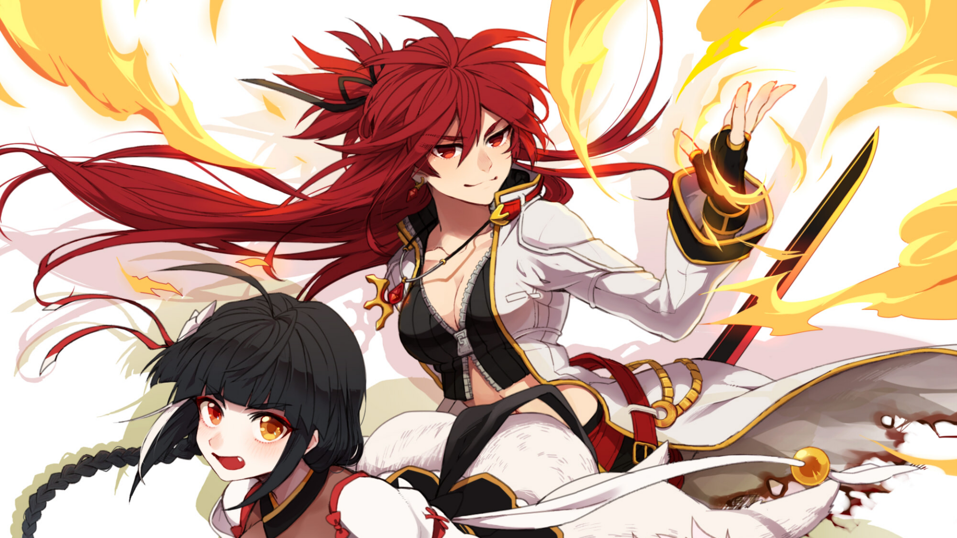 A dynamic HD desktop wallpaper featuring Elesis and Ara from the video game Elsword, surrounded by fiery elements that enhance their fierce presence.