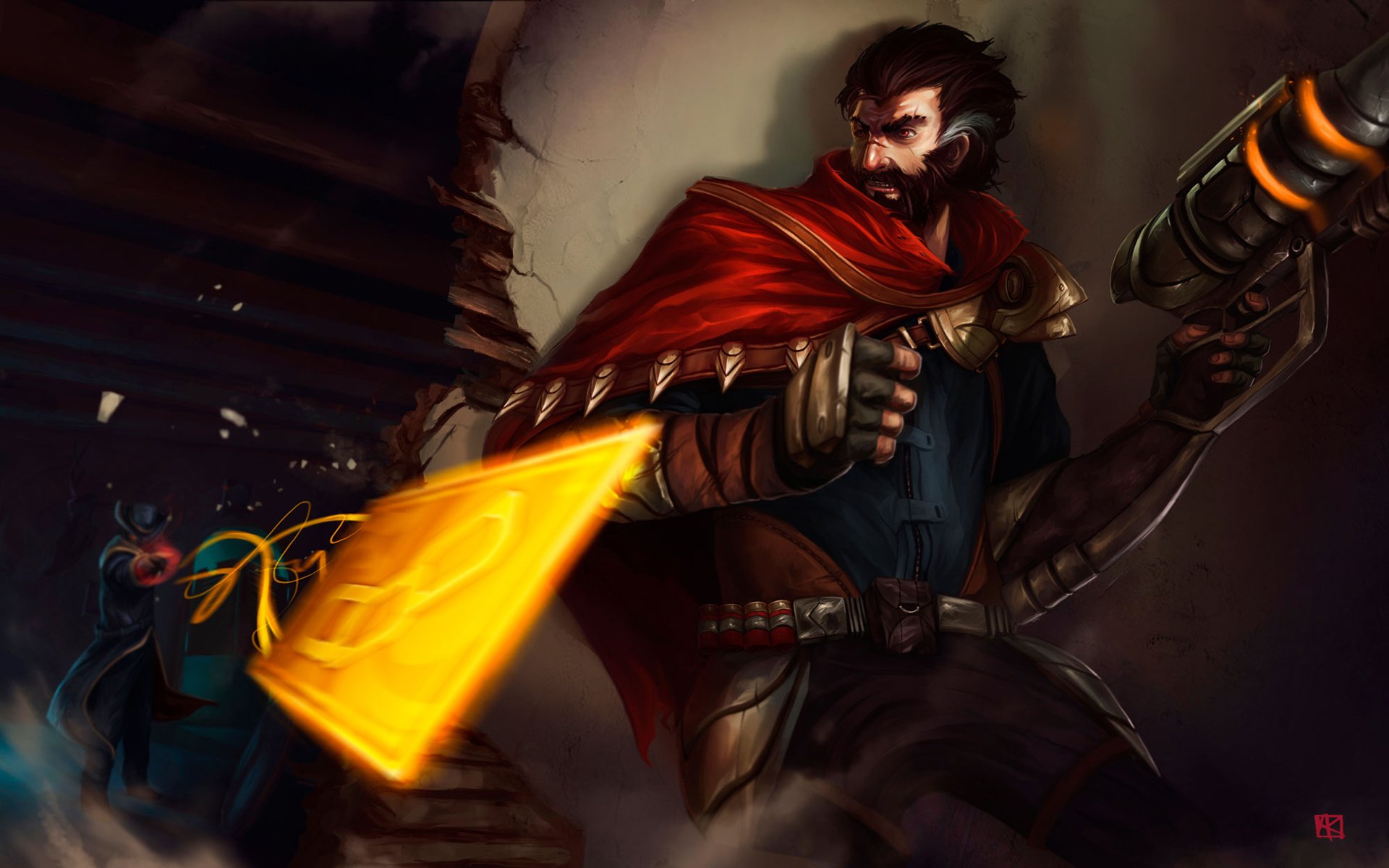 HD PC desktop wallpaper/background: Graves and Twisted Fate from League of Legends in a dark video game scene — Graves firing a glowing blast while Twisted Fate watches from shadow.