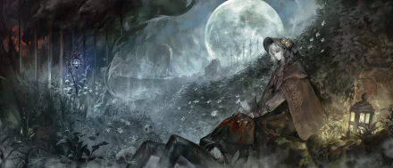 Gothic-themed HD wallpaper featuring the Plain Doll from the video game Bloodborne, framed with a haunting moonlit night in a misty, eerie landscape.