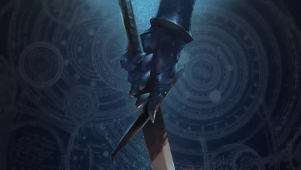 A detailed close-up of a hand in armor gripping a sword, set against a mystical background. This HD wallpaper captures the essence of anime and Pixiv Fantasia T.