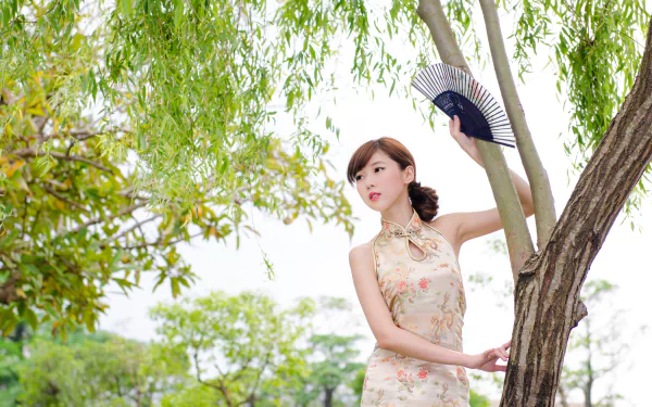 park tree fan Taiwanese asian model woman Chén Qiáoqiáo HD Desktop Wallpaper | Background Image