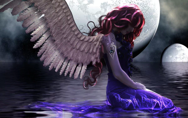 Fantasy HD PC desktop wallpaper depicting a sorrowful angel with large wings kneeling on water under a moonlit sky.