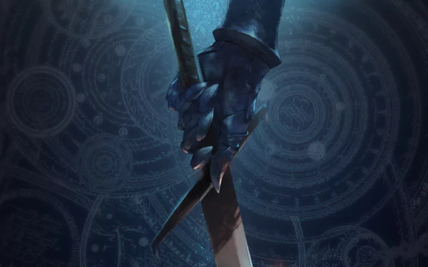 A detailed close-up of a hand in armor gripping a sword, set against a mystical background. This HD wallpaper captures the essence of anime and Pixiv Fantasia T.