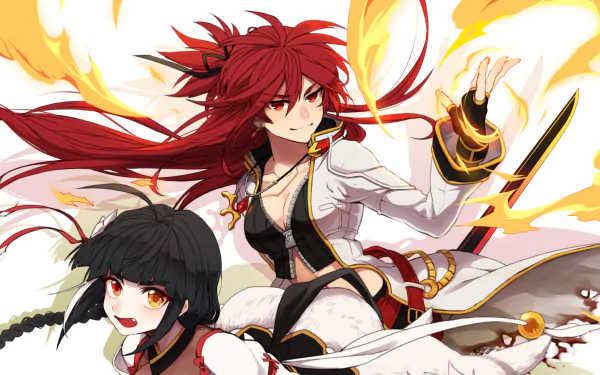 A dynamic HD desktop wallpaper featuring Elesis and Ara from the video game Elsword, surrounded by fiery elements that enhance their fierce presence.