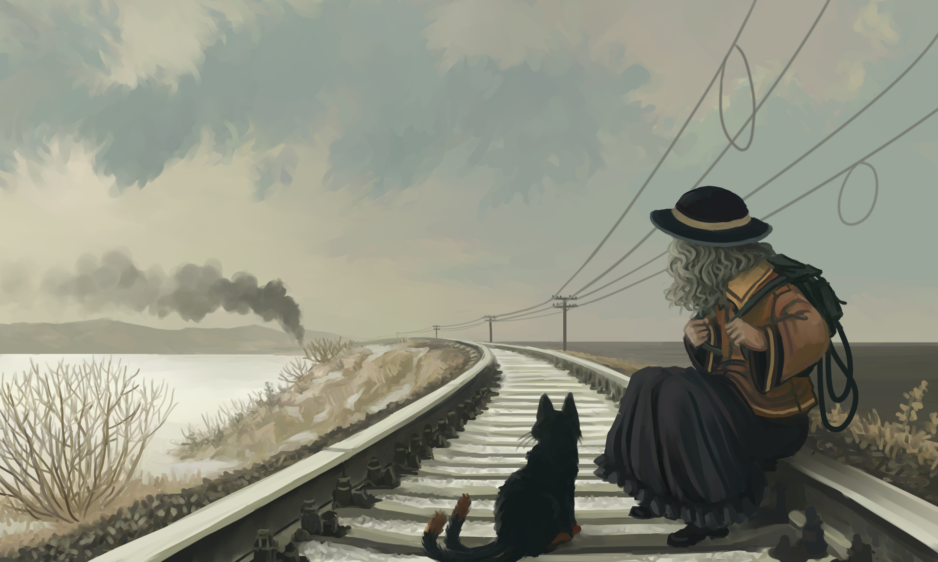 4K Ultra HD anime wallpaper featuring Koishi Komeiji from Touhou, sitting by railroad tracks with a black cat under a cloudy sky.
