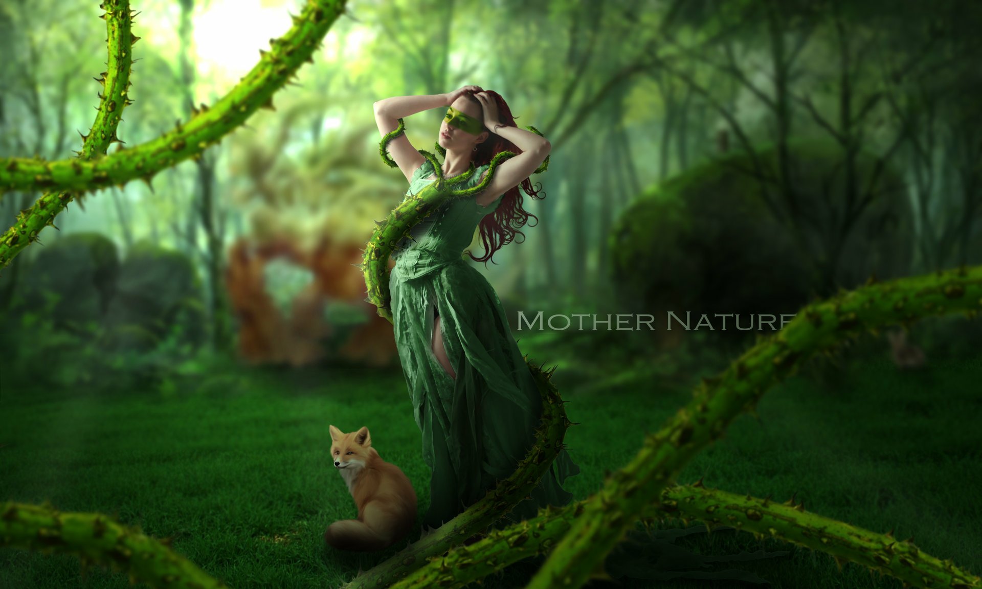HD PC desktop wallpaper featuring a digitally manipulated photograph of a woman in a green dress blending with nature, surrounded by mossy branches and a small fox in a forest.