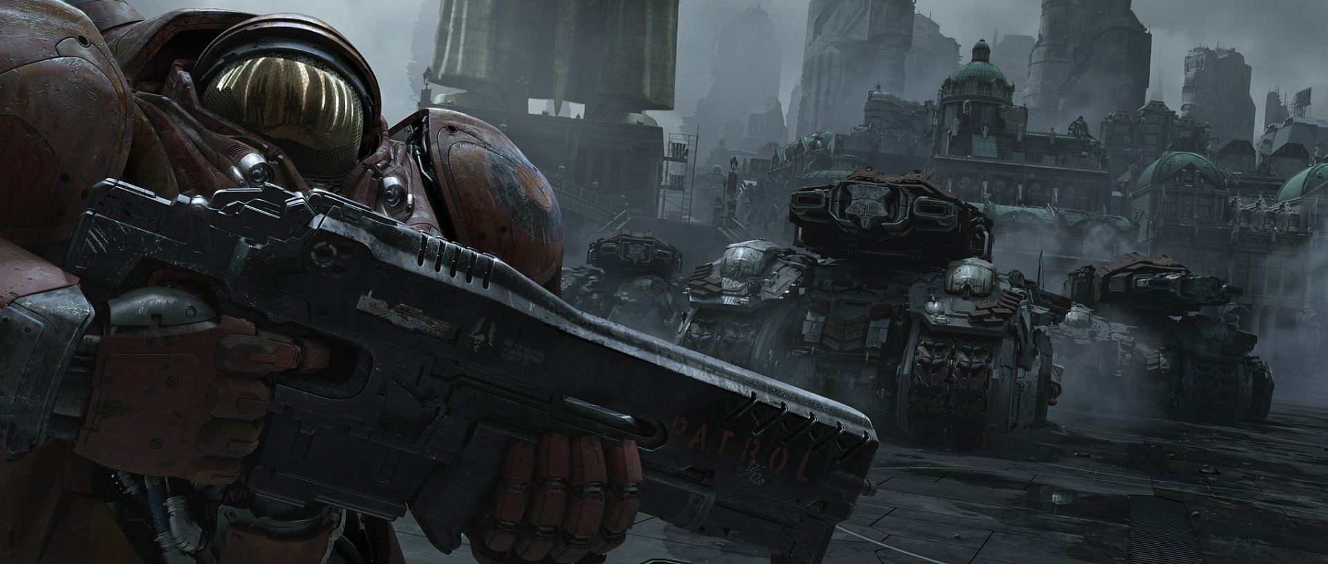 HD PC desktop wallpaper from the video game StarCraft II: Heart of the Swarm, depicting a heavily armed soldier in a dark, futuristic cityscape with armored vehicles.