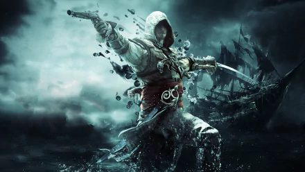 HD desktop wallpaper from Assassin's Creed IV: Black Flag featuring a dynamic image of a hooded character with broken shackles, set against a stormy sea and shipwreck background.
