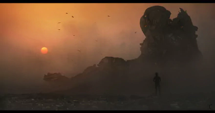 A lone figure stands before a towering robot amidst a hazy landscape, with a glowing sunset in the background, capturing a captivating sci-fi scene in high-definition.