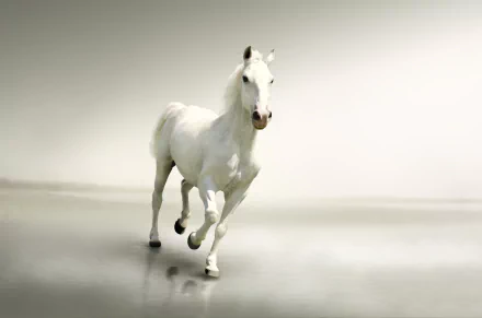 A white horse running across a smooth, reflective surface, captured in 4K Ultra HD resolution for a striking PC desktop wallpaper.