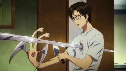 An intense scene from Parasyte -the maxim- featuring Izumi Shinichi, who confronts a grotesque parasite with a weapon, capturing the anime's thrilling atmosphere. HD wallpaper.
