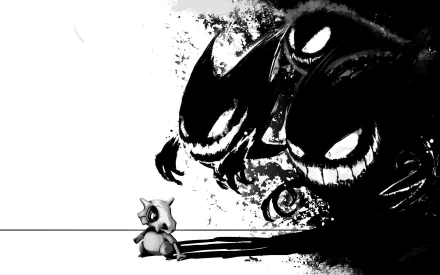 HD desktop wallpaper featuring Gengar, Haunter, Gastly, and Cubone from the Pokémon series in a monochrome, artistic style.