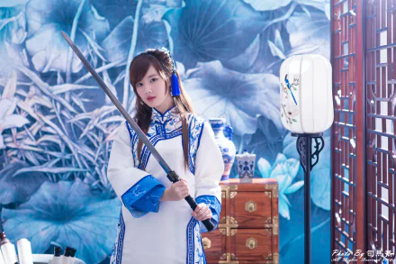 lantern sword traditional costume Taiwanese asian model woman Yu Chen Zheng HD Desktop Wallpaper | Background Image