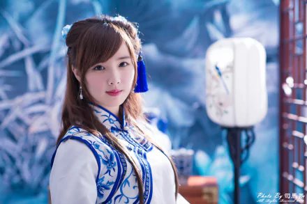 bokeh lantern traditional costume Taiwanese asian model woman Yu Chen Zheng HD Desktop Wallpaper | Background Image