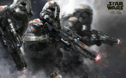 HD desktop wallpaper featuring three masked sci-fi warriors armed with weapons in a dynamic Star Wars scene. The image exudes an intense, futuristic battle atmosphere.