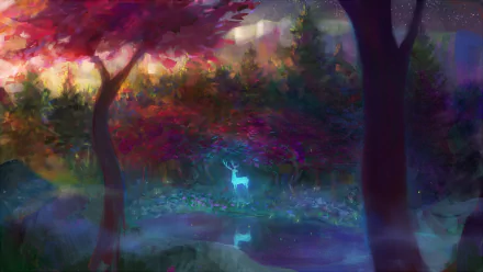 A magical forest scene featuring a ethereal white deer amidst vibrant foliage and tranquil waters, embodying a fantasy spirit. This HD wallpaper invites serene reflection.