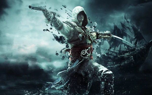 HD desktop wallpaper from Assassin's Creed IV: Black Flag featuring a dynamic image of a hooded character with broken shackles, set against a stormy sea and shipwreck background.