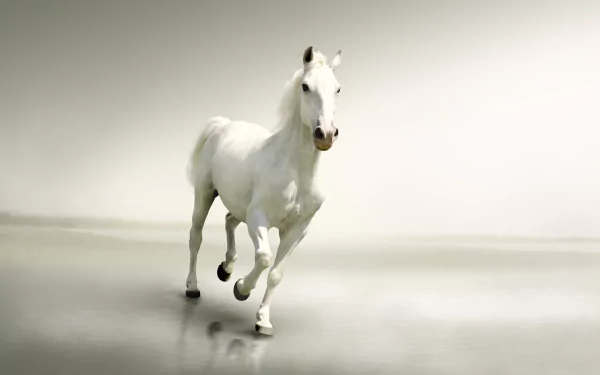 A white horse running across a smooth, reflective surface, captured in 4K Ultra HD resolution for a striking PC desktop wallpaper.