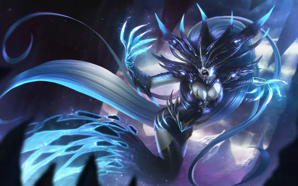 A dramatic HD desktop wallpaper of Lissandra from League of Legends, showcasing her icy powers with a dynamic pose and intricate details against a mystical background.