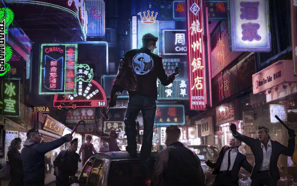 HD PC desktop wallpaper/background for the video game Triad Wars: a man in a yin-yang jacket stands on a car in a neon-soaked Hong Kong street, crowds and glowing signs surrounding him.