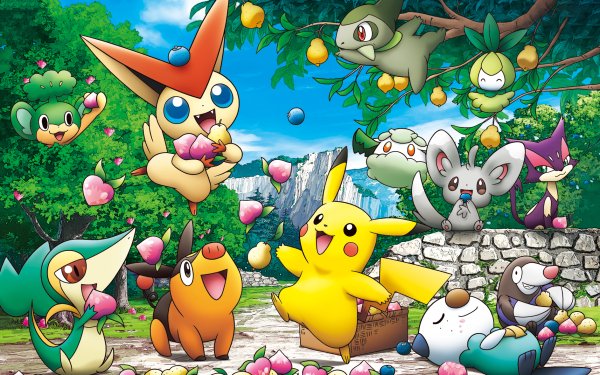 Anime Pokémon Pikachu Snivy Tepig Pansage Victini Axew Oshawott Drilbur Purrloin Minccino HD Wallpaper | Background Image